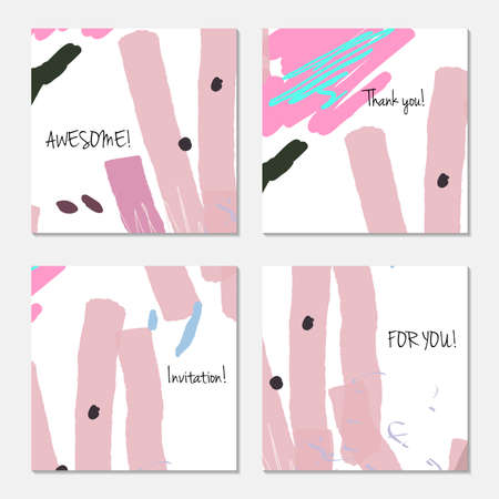 Hand drawn creative universal invitation greeting card template. Abstract scribbles doodles bright colors.Birthday, wedding, party, social media banners templates. Isolated vector card templates.のイラスト素材