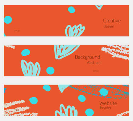 Hand drawn creative universal banner set. Abstract scribbles doodles bright colors. Website header social media advertisement sale brochure templates. Isolated vector banner templates.のイラスト素材