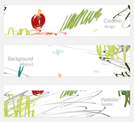 Hand drawn creative universal banner set. Abstract scribbles doodles bright colors. Website header social media advertisement sale brochure templates. Isolated vector banner templates.のイラスト素材