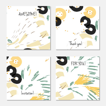 Hand drawn creative universal invitation greeting card template. Abstract scribbles doodles bright colors.Birthday, wedding, party, social media banners templates. Isolated vector card templates.のイラスト素材