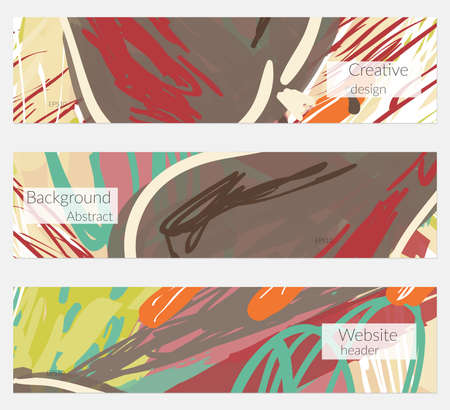 Hand drawn creative universal banner set. Abstract scribbles doodles bright colors. Website header social media advertisement sale brochure templates. Isolated vector banner templates.のイラスト素材