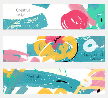 Hand drawn creative universal banner set. Abstract scribbles doodles bright colors. Website header social media advertisement sale brochure templates. Isolated vector banner templates.のイラスト素材