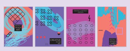 Set of artistic minimal universal card templates in Memphis style with abstract hand drawn doodles....