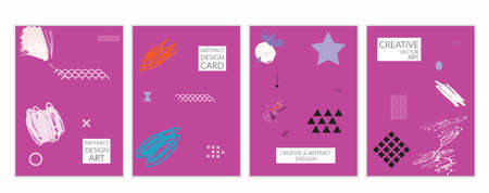 Set of artistic minimal universal card templates in Memphis style with abstract hand drawn doodles. Design for poster, card, invitation. Roughly drawn bright trendy textures. Vector isolatedのイラスト素材