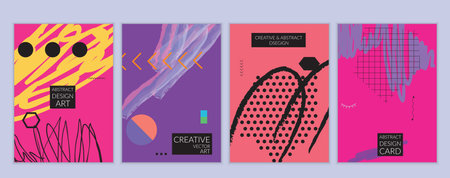 Set of artistic minimal universal card templates in Memphis style with abstract hand drawn doodles....