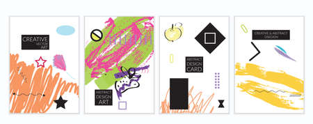 Set of artistic minimal universal card templates in Memphis style with abstract hand drawn doodles. Design for poster, card, invitation. Roughly drawn bright trendy textures. Vector isolatedのイラスト素材