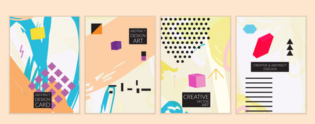 Set of artistic minimal universal card templates in Memphis style with abstract hand drawn doodles....