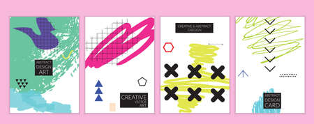 Set of artistic minimal universal card templates in Memphis style with abstract hand drawn doodles. Design for poster, card, invitation. Roughly drawn bright trendy textures. Vector isolatedのイラスト素材
