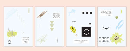 Set of artistic minimal universal card templates in Memphis style with abstract hand drawn doodles. Design for poster, card, invitation. Roughly drawn bright trendy textures. Vector isolatedのイラスト素材