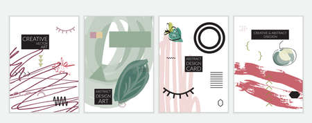 Set of artistic minimal universal card templates in Memphis style with abstract hand drawn doodles. Design for poster, card, invitation. Roughly drawn bright trendy textures. Vector isolatedのイラスト素材