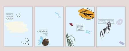 Set of artistic minimal universal card templates with abstract hand drawn doodles. Design for poster, card, invitation. Roughly drawn bright trendy textures. Minimal simple design.Vector isolatedのイラスト素材