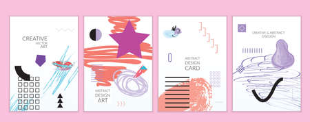 Set of artistic minimal universal card templates in Memphis style with abstract hand drawn doodles. Design for poster, card, invitation. Roughly drawn bright trendy textures. Vector isolatedのイラスト素材