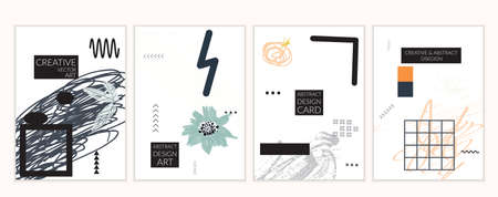 Set of artistic minimal universal card templates in Memphis style with abstract hand drawn doodles. Design for poster, card, invitation. Roughly drawn bright trendy textures. Vector isolatedのイラスト素材