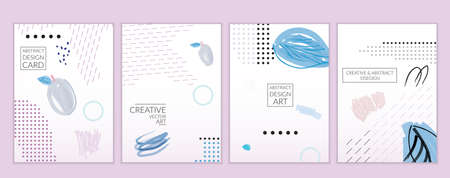 Set of artistic minimal universal card templates in Memphis style with abstract hand drawn doodles. Design for poster, card, invitation. Roughly drawn bright trendy textures. Vector isolatedのイラスト素材