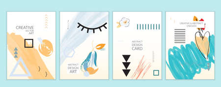 Set of artistic minimal universal card templates in Memphis style with abstract hand drawn doodles. Design for poster, card, invitation. Roughly drawn bright trendy textures. Vector isolatedのイラスト素材