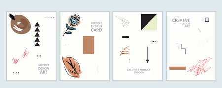 Set of artistic minimal universal card templates in Memphis style with abstract hand drawn doodles. Design for poster, card, invitation. Roughly drawn bright trendy textures. Vector isolatedのイラスト素材