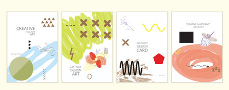 Set of artistic minimal universal card templates in Memphis style with abstract hand drawn doodles. Design for poster, card, invitation. Roughly drawn bright trendy textures. Vector isolatedのイラスト素材