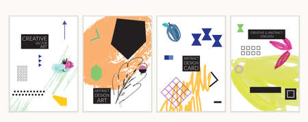 Set of artistic minimal universal card templates in Memphis style with abstract hand drawn doodles. Design for poster, card, invitation. Roughly drawn bright trendy textures. Vector isolatedのイラスト素材