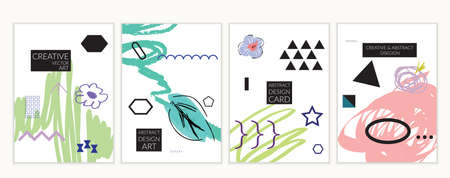 Set of artistic minimal universal card templates in Memphis style with abstract hand drawn doodles. Design for poster, card, invitation. Roughly drawn bright trendy textures. Vector isolatedのイラスト素材
