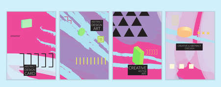 Set of artistic minimal universal card templates in Memphis style with abstract hand drawn doodles. Design for poster, card, invitation. Roughly drawn bright trendy textures. Vector isolatedのイラスト素材