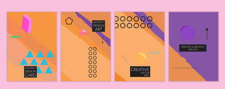 Set of artistic minimal universal card templates in Memphis style with abstract hand drawn doodles. Design for poster, card, invitation. Roughly drawn bright trendy textures. Vector isolatedのイラスト素材