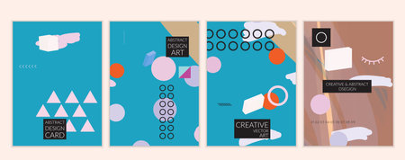 Set of artistic minimal universal card templates in Memphis style with abstract hand drawn doodles....