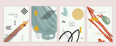 Set of artistic minimal universal card templates in Memphis style with abstract hand drawn doodles. Design for poster, card, invitation. Roughly drawn bright trendy textures. Vector isolatedのイラスト素材