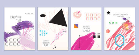 Set of artistic minimal universal card templates in Memphis style with abstract hand drawn doodles. Design for poster, card, invitation. Roughly drawn bright trendy textures. Vector isolatedのイラスト素材