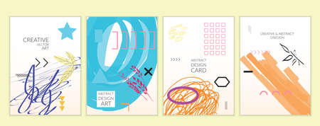 Set of artistic minimal universal card templates in Memphis style with abstract hand drawn doodles. Design for poster, card, invitation. Roughly drawn bright trendy textures. Vector isolatedのイラスト素材