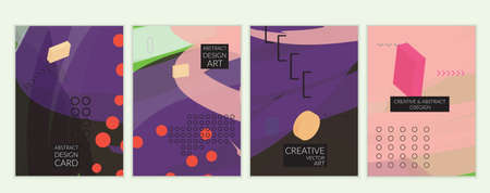 Set of artistic minimal universal card templates in Memphis style with abstract hand drawn doodles. Design for poster, card, invitation. Roughly drawn bright trendy textures. Vector isolatedのイラスト素材