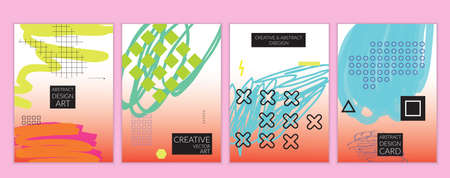 Set of artistic minimal universal card templates in Memphis style with abstract hand drawn doodles. Design for poster, card, invitation. Roughly drawn bright trendy textures. Vector isolatedのイラスト素材