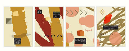 Set of artistic minimal universal card templates in Memphis style with abstract hand drawn doodles. Design for poster, card, invitation. Roughly drawn bright trendy textures. Vector isolatedのイラスト素材