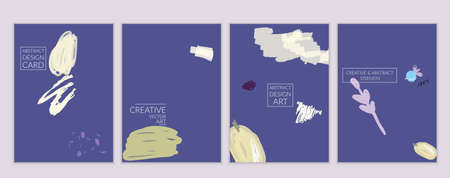 Set of artistic minimal universal card templates with abstract hand drawn doodles. Design for poster, card, invitation. Roughly drawn bright trendy textures. Minimal simple design.Vector isolatedのイラスト素材