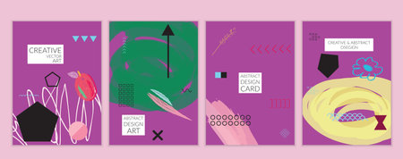 Set of artistic minimal universal card templates in Memphis style with abstract hand drawn doodles....