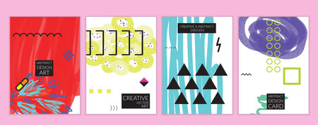 Set of artistic minimal universal card templates in Memphis style with abstract hand drawn doodles....