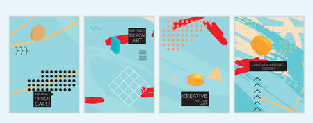 Set of artistic minimal universal card templates in Memphis style with abstract hand drawn doodles. Design for poster, card, invitation. Roughly drawn bright trendy textures. Vector isolatedのイラスト素材