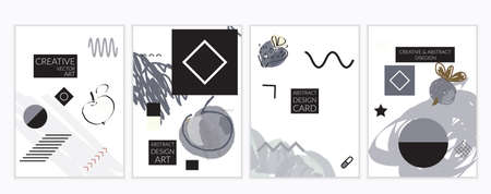 Set of artistic minimal universal card templates in Memphis style with abstract hand drawn doodles. Design for poster, card, invitation. Roughly drawn bright trendy textures. Vector isolatedのイラスト素材