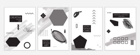 Set of artistic minimal universal card templates in Memphis style with abstract hand drawn doodles. Design for poster, card, invitation. Roughly drawn bright trendy textures. Vector isolatedのイラスト素材