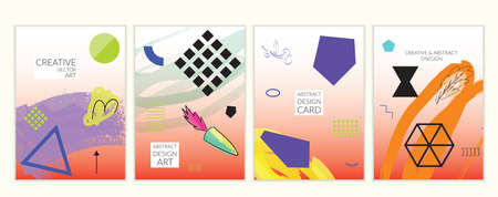 Set of artistic minimal universal card templates in Memphis style with abstract hand drawn doodles. Design for poster, card, invitation. Roughly drawn bright trendy textures. Vector isolatedのイラスト素材