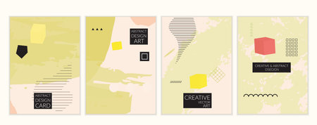 Set of artistic minimal universal card templates in Memphis style with abstract hand drawn doodles....