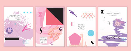 Set of artistic minimal universal card templates in Memphis style with abstract hand drawn doodles. Design for poster, card, invitation. Roughly drawn bright trendy textures. Vector isolatedのイラスト素材