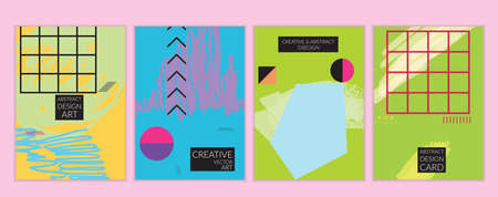 Set of artistic minimal universal card templates in Memphis style with abstract hand drawn doodles. Design for poster, card, invitation. Roughly drawn bright trendy textures. Vector isolatedのイラスト素材