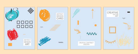 Set of artistic minimal universal card templates in Memphis style with abstract hand drawn doodles. Design for poster, card, invitation. Roughly drawn bright trendy textures. Vector isolatedのイラスト素材