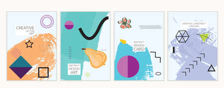Set of artistic minimal universal card templates in Memphis style with abstract hand drawn doodles. Design for poster, card, invitation. Roughly drawn bright trendy textures. Vector isolatedのイラスト素材