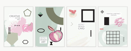 Set of artistic minimal universal card templates in Memphis style with abstract hand drawn doodles....