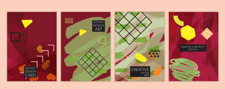 Set of artistic minimal universal card templates in Memphis style with abstract hand drawn doodles. Design for poster, card, invitation. Roughly drawn bright trendy textures. Vector isolatedのイラスト素材