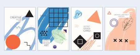 Set of artistic minimal universal card templates in Memphis style with abstract hand drawn doodles. Design for poster, card, invitation. Roughly drawn bright trendy textures. Vector isolatedのイラスト素材