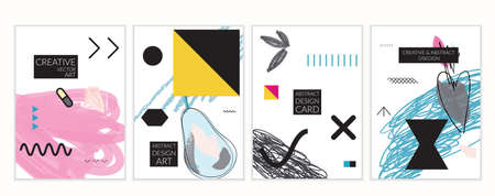 Set of artistic minimal universal card templates in Memphis style with abstract hand drawn doodles. Design for poster, card, invitation. Roughly drawn bright trendy textures. Vector isolatedのイラスト素材