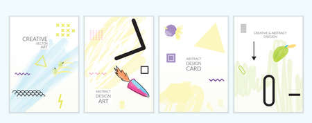 Set of artistic minimal universal card templates in Memphis style with abstract hand drawn doodles. Design for poster, card, invitation. Roughly drawn bright trendy textures. Vector isolatedのイラスト素材