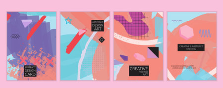 Set of artistic minimal universal card templates in Memphis style with abstract hand drawn doodles....